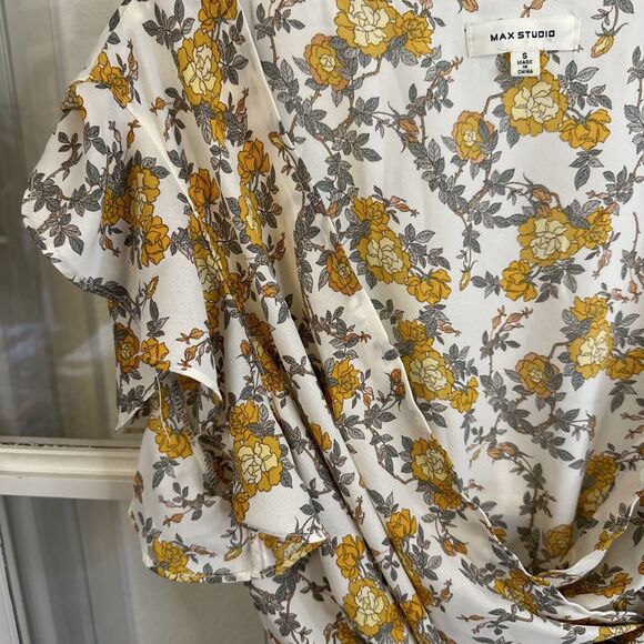 MAX STUDIO Yellow Floral Peplum Blouse Tie Waist Flutter Sleeve Womens S - Picture 7 of 13